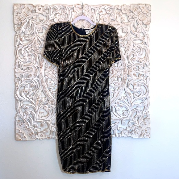 AJ Bari Vintage Hand Beaded Silk CockTail Dress - Picture 3 of 16